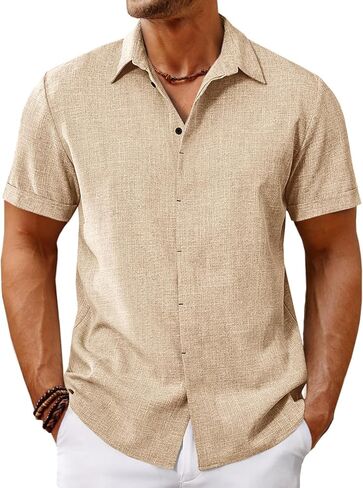 Runcati Mens Short Sleeve Shirt Button Down Casual Linen Texture Summer Beach Wedding Tops in Kuwait