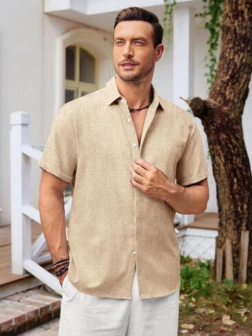 Runcati Mens Short Sleeve Shirt Button Down Casual Linen Texture Summer Beach Wedding Tops in Kuwait
