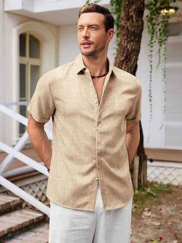 Runcati Mens Short Sleeve Shirt Button Down Casual Linen Texture Summer Beach Wedding Tops in Kuwait