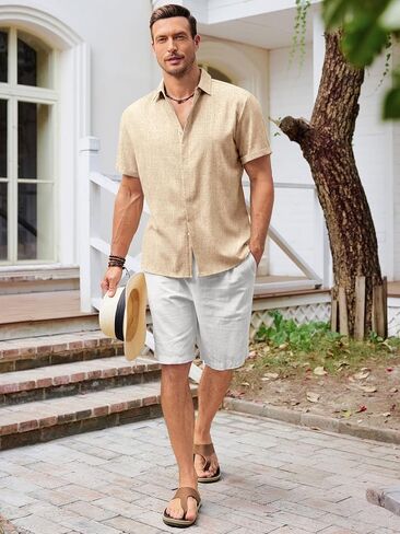 Runcati Mens Short Sleeve Shirt Button Down Casual Linen Texture Summer Beach Wedding Tops in Kuwait