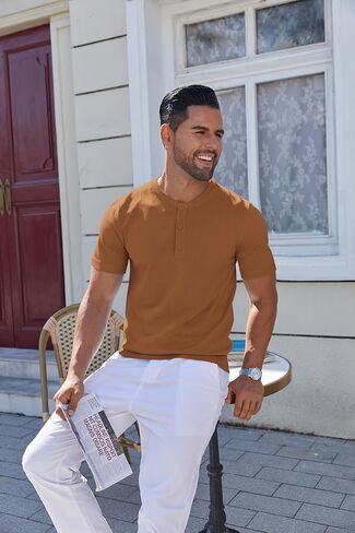 COOFANDY Men's Knit Henley Shirts Short Sleeve Casual Basic Tee Summer Button Soild T Shirts in Kuwait