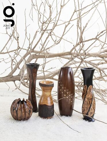 Sculptured Wooden Vase for Dried Floral and Decorative Grass Display, Hand Crafted Brown Polished Mango Wood Ideal Home Table Shelf and Floor Decoration (Tall-Slim Ribbing #1) in Saudi Arabia