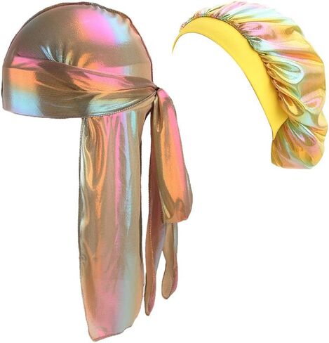 Durags and Bonnets 2pcs/Set for Men Women 360 Wave, Long Tail Silky Doo rag and Turban Sleep Cap in Kuwait