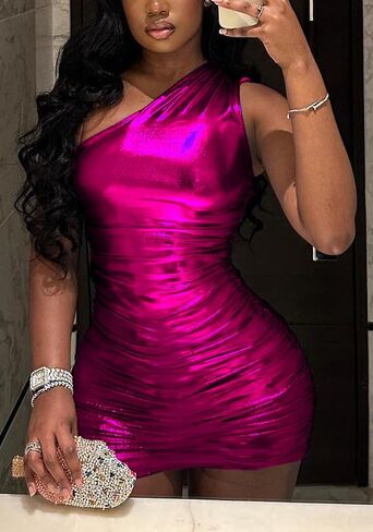 Lucuna Women's Birthday Dress Sexy One Shoulder Metallic Sparkly Bodycon Ruched Club Mini Dress in Kuwait