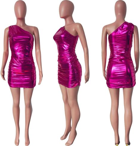 Lucuna Women's Birthday Dress Sexy One Shoulder Metallic Sparkly Bodycon Ruched Club Mini Dress in Kuwait