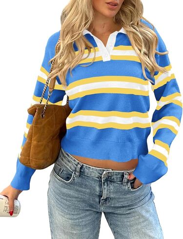 Cicy Bell Womens Cropped Polo Sweater Striped Long Sleeve Shirts Lightweight Color Block Knit Pullover Tops in Saudi Arabia