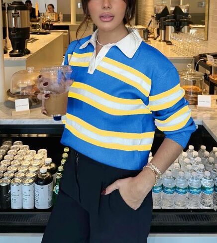 Cicy Bell Womens Cropped Polo Sweater Striped Long Sleeve Shirts Lightweight Color Block Knit Pullover Tops in Saudi Arabia