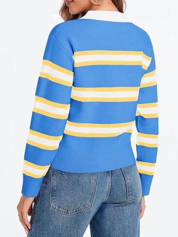 Cicy Bell Womens Cropped Polo Sweater Striped Long Sleeve Shirts Lightweight Color Block Knit Pullover Tops in Saudi Arabia
