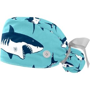 FFLOWER Cute Sharks Sea Blue Working Caps with Buttons, Long Hair Scrub Hats Ponytail Holder for Women, Multicoloured 10, One Size