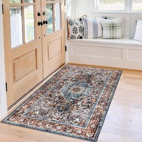KOZYFLY Boho Area Rug 3x5 Ft Rugs for Entryway Washable Entry Rug Non Slip Door Mat Indoor Entrance Brown Teal Faux Wool Vintage Printed Kitchen Rug Throw Rugs for Entrance Kitchen Living Room in Kuwait