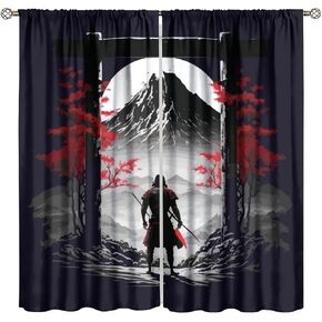 Japanese Anime Samurai Windows Curtains Asian Samurai Red Leaves Rod Pocket Window Treatment for Living Room Bedroom Home Decor Window Drapes 42" W X 54" L