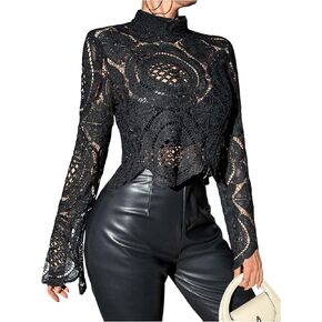 GORGLITTER Women's Ripped Hollow Out Knit Blouses Long Sleeve Round Neck Pullovers Shirt Streetwear