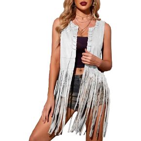 HOTOUCH Women Fringe Vest 70s Hippie Costume Faux Suede Sleeveless Tassels Cardigan Cowgirl Western Tops in Kuwait