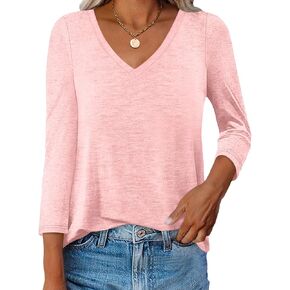 Womens V Neck 3/4 Sleeve T Shirts Basic Curved Hem Tunic Tops Casual Loose Fit Tees 2025