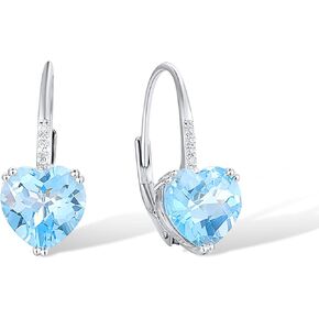 Santuzza 10K White Solid Gold Round Shape Blue Topaz Genuine Diamond Leverback Dangle Earrings for Women