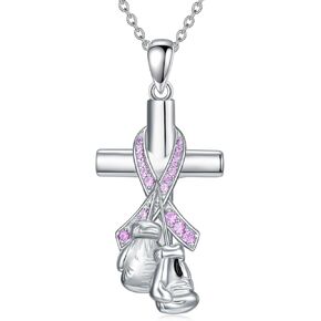 Breast Cancer Awareness Necklace 925 Sterling Silver Boxing Gloves Cross Pendant Jewelry Cancer Survivor Gifts for Women