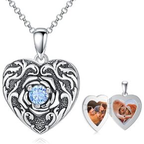 Heart Locket Necklace for Women 925 Sterling Silver Rose Flower Photo Locket Necklace that Hold 2 Pictures