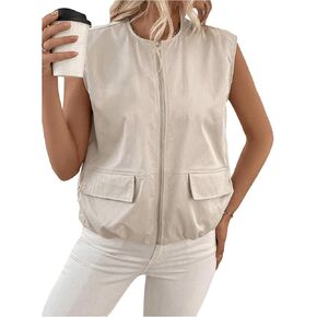 MakeMeChic Women's Zip Up Sleeveless Cargo Vest Jacket Crew Neck Outerwear Coat with Pocket