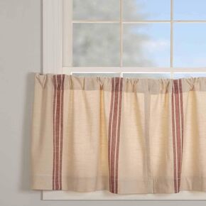 Market Place Red Grain Sack Stripe Tier Curtains, Set of 2, 36" Long, Farmhouse Style Brick Red & Natural Cream Tiers/Café Curtains
