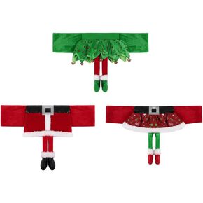 Yahpetes Chair Back Cover 3 Pcs Christmas Chair Sashes 18" X 11.8" Stretchy Xmas Dining Chair Back Covers Red Santa Claus Belt Buckle Bands Chair Slipcover Ornament Decorations