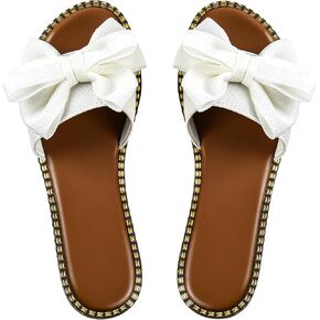 Women's Bow Knot Slides Open Toe Flat Sandals Summer Slip On Slippers