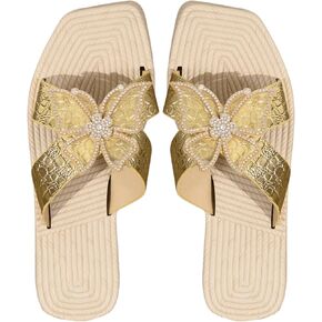 Women's Butterfly Sandals Rhinestone Metallic Slide Sandals Open Toe Comfortable Flat Sandal