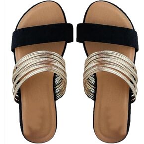 Women's Metallic Strappy Flat Sandals Summer Slide Sandals Casual Shoes