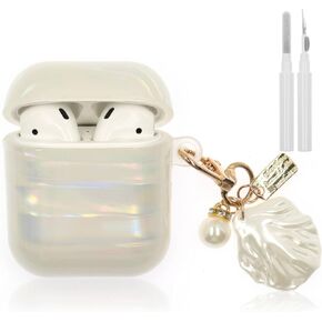 Compatible with AirPod Case 1st/2nd Generation, Shell Print Protective Case Cover for AirPods with Cleaner Kit and Shell Keychain Accessories for Women Girls, White