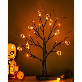 Halloween Tree, Black Spooky Tree with 24LED Purple Lights and 10 Bat Ornaments Battery Powered 18IN Lighted Halloween Bonsai Tree for Indoor Tabletop Halloween Party Decoration