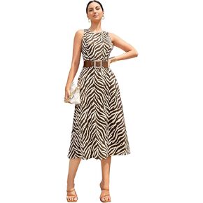 WDIRARA Women's Zebra Striped Sleeveless A Line High Waisted Round Neck Flare Dress