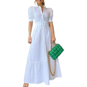 فستان نسائي مخطط بأزرار سفلية من utcoco، فستان كاجوال بأكمام قصيرة وحاشية مكشكشة مع حزام (متوسط، أبيض) in Kuwait