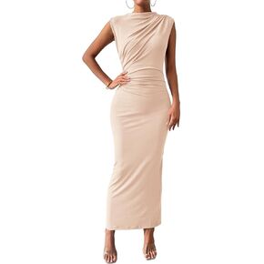 Womens Formal Long Dresses Elegant Ruched Bodycon Sleeveless Boat Neck Maxi Dress with Slit Wedding Guest Cocktail Party