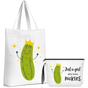 Sieral 2 Pieces Pickle Gifts for Women Pickle Lover Gifts Travel Cosmetic Bags Pickle Portable Makeup Zipper Pouch and Canvas Tote Bag Reusable Pickle Gifts for Woman Friend Gift