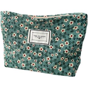 Flower Fabric Makeup Bag for Purse, Vintage Corduroy Cosmetic Pouch Bag, Portable Travel Handbag for Women Girls (Green with mixed flowers)