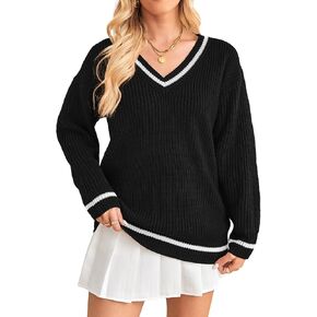 Poetsky Women's V Neck Oversized Sweaters Color Block Casual Long Sleeve Chunky Knit Pullover Jumper Tops