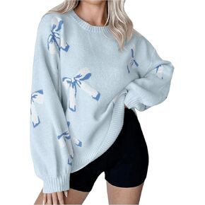 MakeMeChic Women's Bow Knot Pattern Sweaters Long Sleeve Round Neck Loose Fit Knitted Pullover Tops
