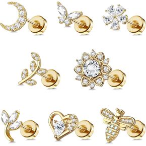 DOLOTTA 8PCS 18G Stainless Steel Cartilage Earrings for Women Men Flat Back Earrings for Women Internally Threaded CZ Earrings with Moon HeartShaped Bee Butterfly Tragus Helix Piercing Jewelry,