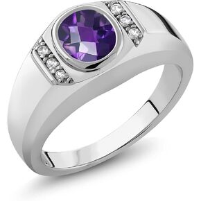 Gem Stone King 925 Sterling Silver Purple Amethyst and White Created Sapphire Men's Ring (1.06 Ct Oval Checkerboard Cut, Gemstone Birthstone, Available in size 7, 8, 9, 10, 11, 11, 12, 13)