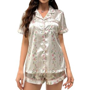 WDIRARA Women's 2 Piece Satin Sleepwear Floral Print Short Sleeve Button Down Shirt and Shorts Pajama Set