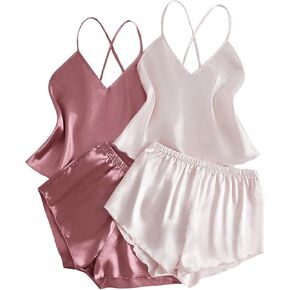 GORGLITTER Women's Silk Pajama Sets 2 Pack Crisscross Back Pjs Camisole Top & Sleepwear Shorts Lounge Sets