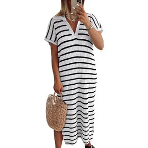 ANRABESS Womens Summer Casual Short Sleeve Striped Maxi Dress V Neck Slit Loose Knit Long Vacation Beach Dresses 2025 Trendy
