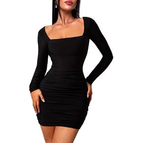 Women Square Neck Dress Black Long Sleeve Ruched Dresses Tight Mini Dress Bodycon Going Out Dress