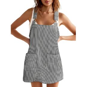 Yousify Womens Casual Striped Denim Dress Summer Pinafore Overalls Romper Adjustable Straps Jumper Dress with Pockets