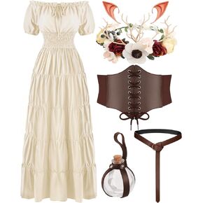Renaissance Costume Women Medieval Fairy Dress, Corset Elf Ears Garland Belt Potion Bottles Peasant Halloween