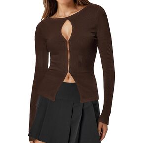 Cut Out Long Sleeve Tops for Women Ribbed Going Out Y2K Crop Tops Sexy Crewneck Trendy Knit Tops