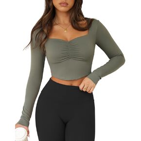 Women's Sweetheart Neck Long Sleeve Workout Tops Slim Fit T Shirts Fall Fashion Outfits Crop Tops Built in Bra