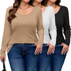 Ficerd 3 Pack Plus Size Women's Scoop Neck Shirts Casual Long Sleeve Basic Tops Solid Loose fit Layer T Shirts