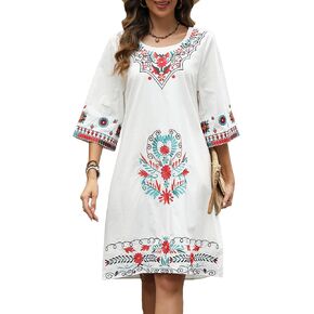 Women's Embroidered Mexican Peasant Dresses Boho Fiesta Traditional Floral Dress Casual Fall Dresses for Women