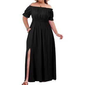 Holipick Women's Off The Shoulder Boho Dress Plus Size Floral Smocked Waist Split Summer Maxi Sundress with Pockets