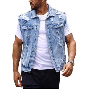 Floerns Men's Distressed Ripped Jean Vest Sleeveless Button Front Denim Vest